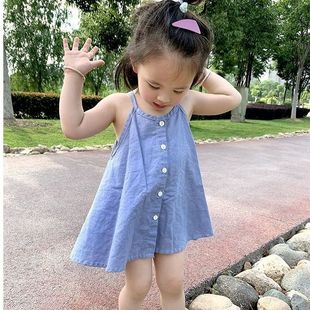 女童棉麻吊带连衣裙背心2024夏季新款韩版宝宝洋气无袖上衣沙滩裙