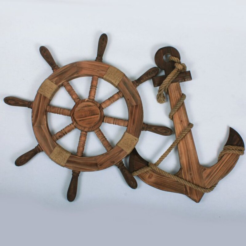 船舵装饰品 方向舵盘 壁摆件碳化木复古实木地中海船舵锚壁挂装饰