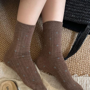 美拉德袜子女中筒袜春秋款纯棉纱线咖色碎花复古堆堆袜搭配勃肯鞋