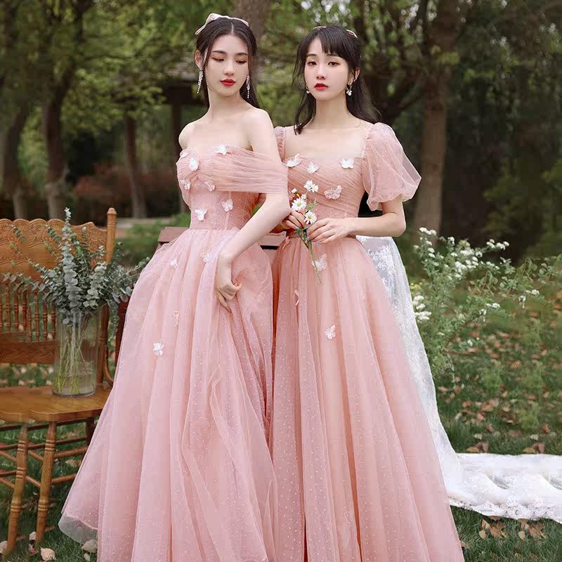 粉色小晚礼服姐妹团伴娘服2021新款主持仙气质显瘦宴会裙演出合唱