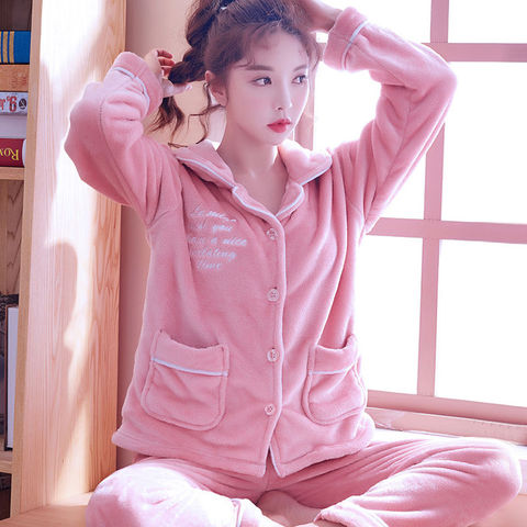 睡衣女秋冬季加厚绒法兰绒珊瑚绒家居服韩版玫瑰气质开衫套装大码