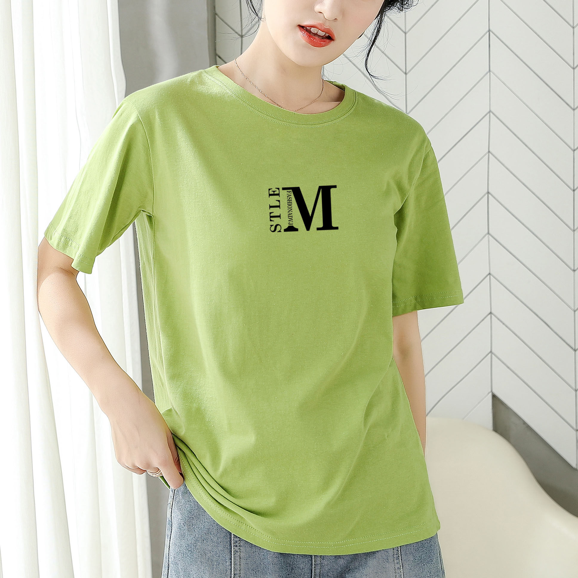 女士半袖上衣2020夏装新款打底衫纯棉图案衣服绿色宽松短袖t恤女