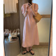 清仓特惠粉色泡泡袖连衣裙女圆领套头夏季日系温柔垂感短袖长裙