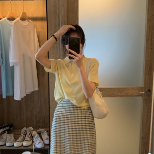 清仓特惠黄色Polo领色亚麻衬衫夏季女装新款复古修身百搭短袖上衣