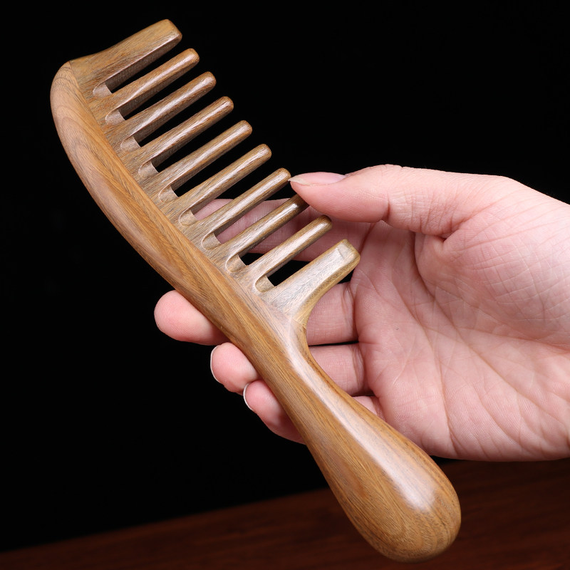 天然绿檀木梳子大齿女卷发按摩梳防静电宽齿经络梳脱发檀香木梳子