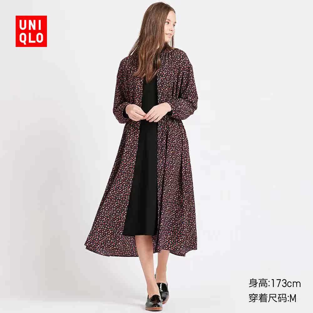 特价优衣库长衬衫_女装 印花v领衬衫式长连衣裙(长袖) 424822 uniqlo