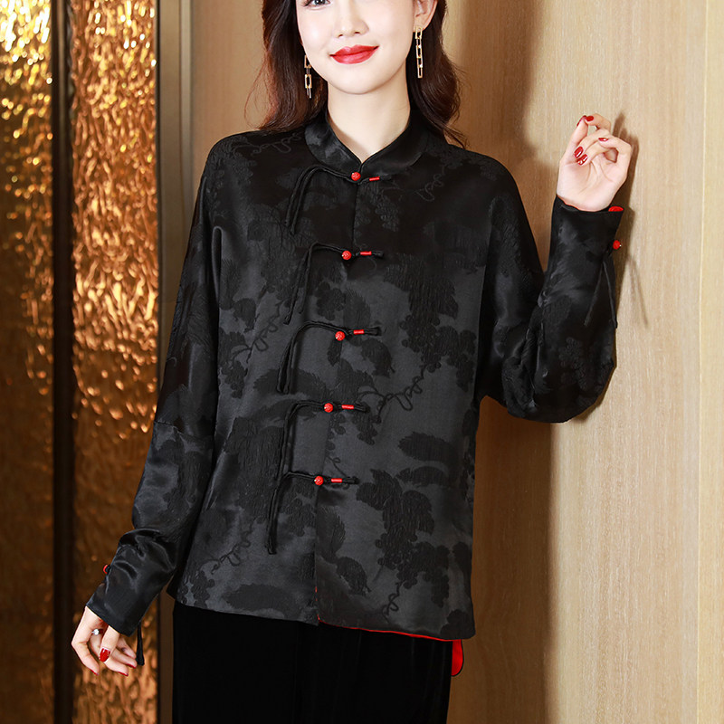 国潮风黑色真丝旗袍外套女2021秋冬新款复古盘扣提花中式唐装上衣