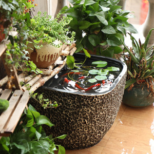 仿石鱼缸大号陶瓷鱼缸客厅落地摆件家用造景荷花缸方形养鱼盆粗陶