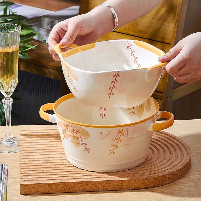 日式釉下彩陶瓷汤碗双耳泡面碗家用2