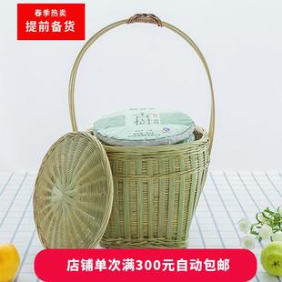 竹提篮有盖子头层竹皮手提篮装茶叶 家用竹编茶叶罐竹篮子有提手