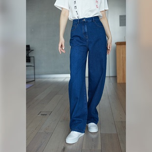 WinnieTang“一抹深蓝”棉质牛仔造型感香蕉裤 复古蓝显瘦长裤
