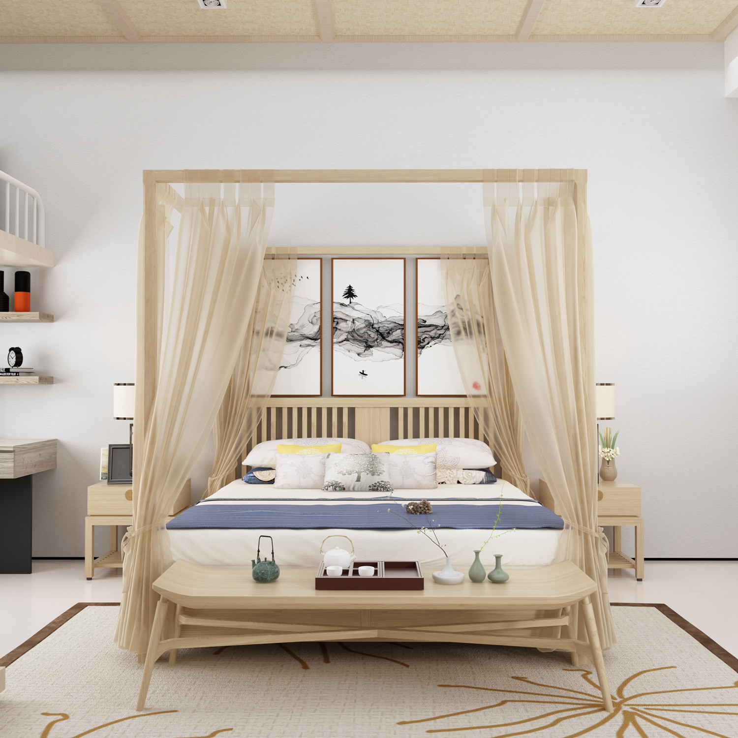 全实木床简约现代民宿四柱架子床单人新中式主卧室家具双人床仿古