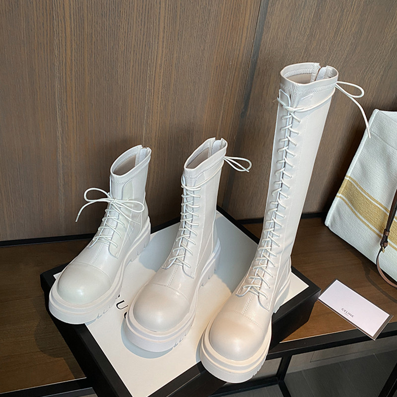 姝越旗舰店的优惠券大全—白色短靴女显瘦不过膝长筒靴小个子高筒骑士