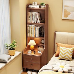 实木床头柜置物架一体家用卧室床边储物柜带书架小户型加高收纳架