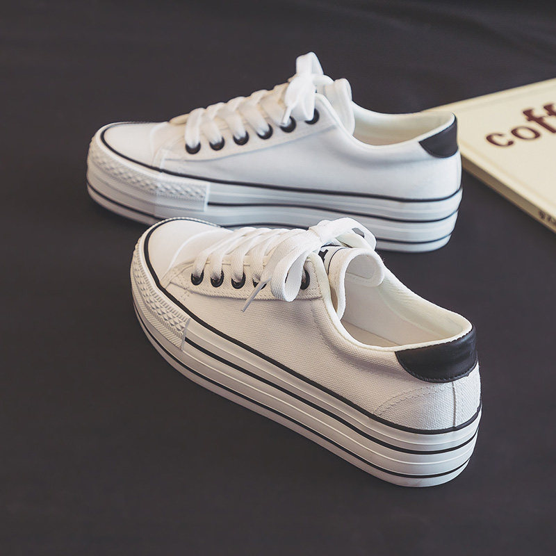 人本百搭小白鞋女2021秋季新款白色帆布鞋女厚底松糕鞋增高板鞋子