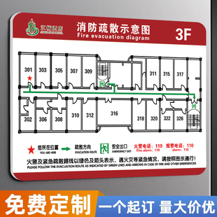 消防疏散示意图设计安全疏散指示图应急逃生平面图亚克力指示牌逃生路线图定制宾馆酒店消防指示牌标志牌墙贴