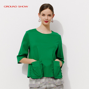 Ground Show/阁兰秀夏女士上衣绿色时尚减龄长袖圆领纯棉T恤衫潮