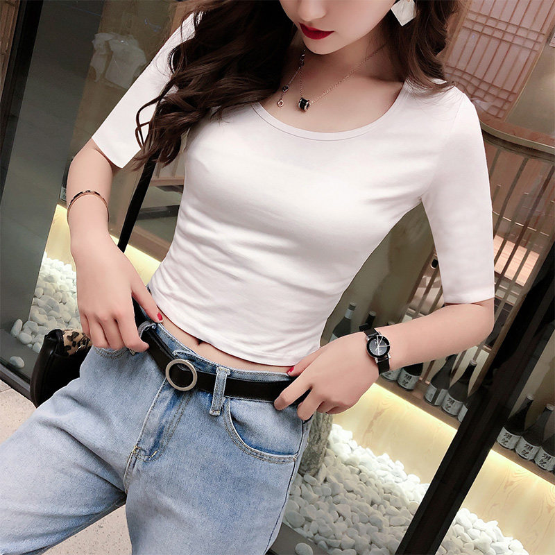 超短款上衣女u领白色t恤中袖漏肚脐性感高腰紧身小个子露脐体恤夏