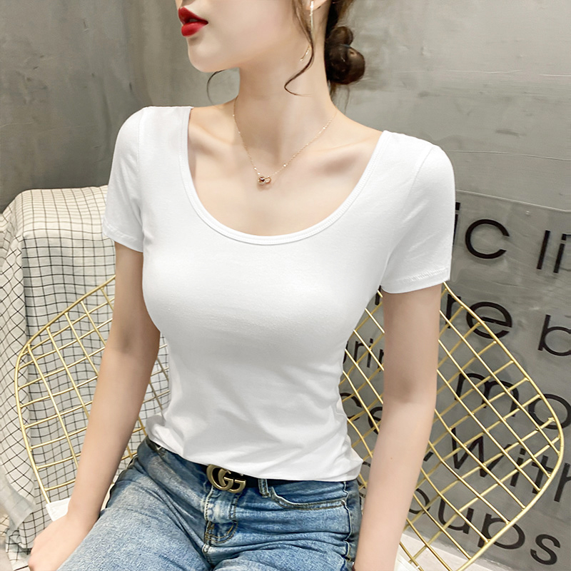 纯棉白色u领短袖t恤女夏季低领露背紧身气质大领口露锁骨半袖上衣