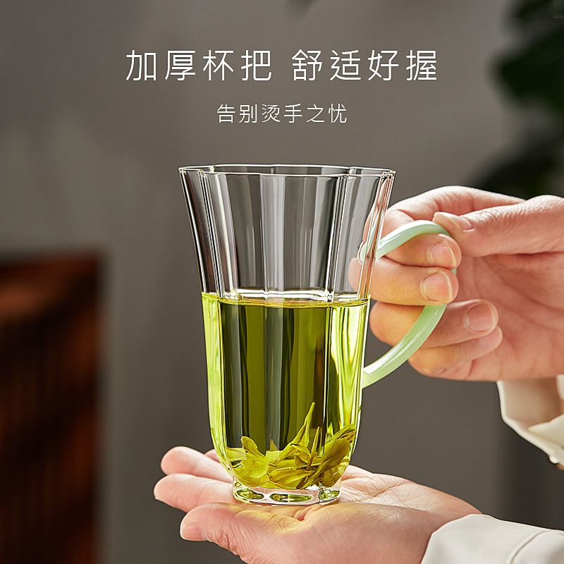 绿茶杯专用高档玻璃杯泡花茶龙井带把耐高温办公室女透明喝水杯子