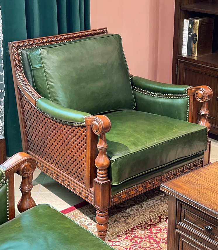 美式乡村复古客厅沙发实木雕花真皮单双三高端别墅三人沙发北欧