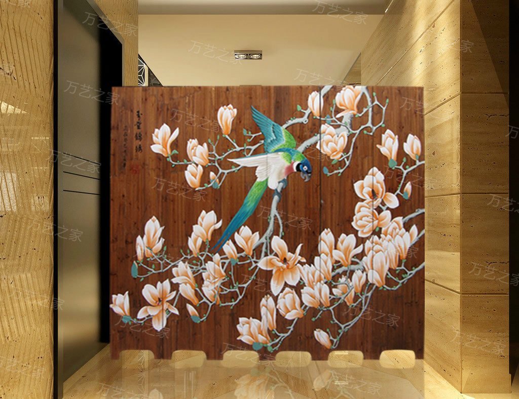 高档环保实木中式手绘玉兰花鸟漆画屏风隔断酒店别墅客厅玄关折屏