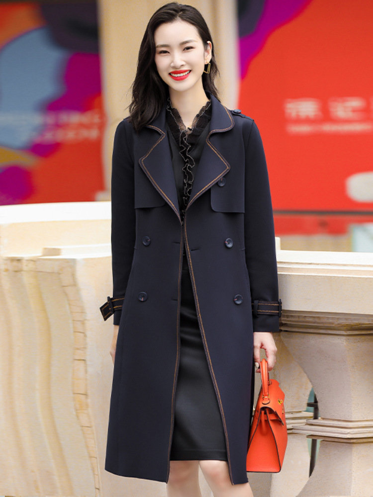 藏青色风衣外套女春秋2021女款高级感气质中长款西装小个子大衣