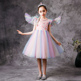 女童连衣裙夏装粉色儿童洋气天使翅膀彩虹裙礼服短袖爱莎公主裙子