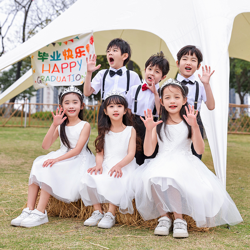 六一儿童节合唱演出服女童舞蹈白色蓬蓬裙礼服小学生毕业表演服装