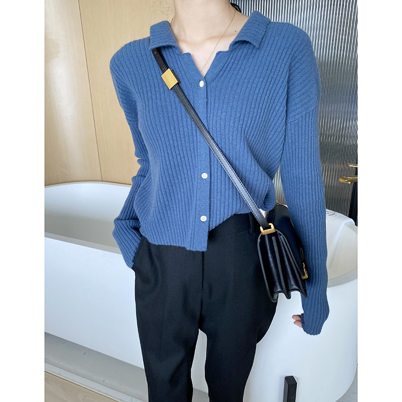 克莱因蓝色开衫毛衣外套女2022春季新款小个子短款宽松复古针织衫