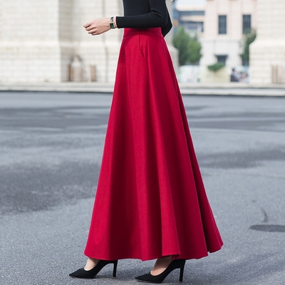 中长款红色裙女冬季毛呢肚子遮胯裙子显瘦高腰秋冬长裙半身裙