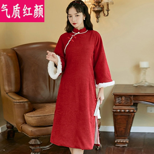 中国风红色唐装日常中式礼服秋冬加绒加厚长袖旗袍改良版连衣裙女