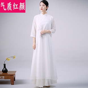 中国风禅服女禅意茶服改良仙气汉服连衣裙两件套雪纺茶艺师服装夏