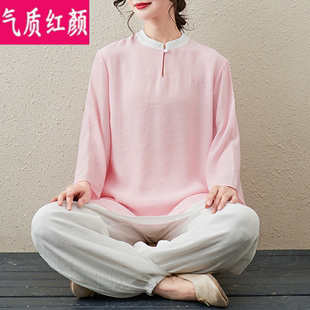 中式唐装套装中国风复古禅意女装棉麻茶服禅修服打坐居士服两件套