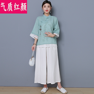 佛系衣服中国风汉服夏装禅意女装棉麻茶服禅修居士服中式唐装套装