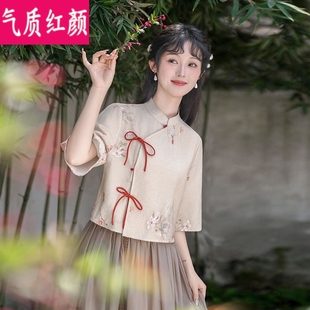 新中式小个子禅意茶服旗袍汉服套装女夏季民国风改良短袖唐装上衣