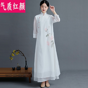 春秋中国风禅服女复古茶服禅意汉服改良白色仙气雪纺旗袍连衣裙女