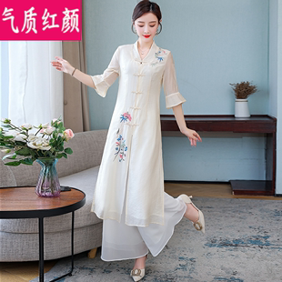 唐装女夏中国风复古中式禅意茶服改良旗袍连衣裙两件套茶艺师服装