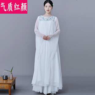 春夏中国风禅意茶服女禅舞服装宽松飘逸仙气白色雪纺连衣裙两件套