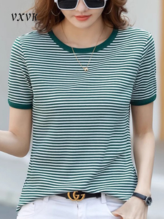 绿色条纹短袖t恤女2024夏季新款圆领宽松正肩显瘦欧货纯棉上衣ins