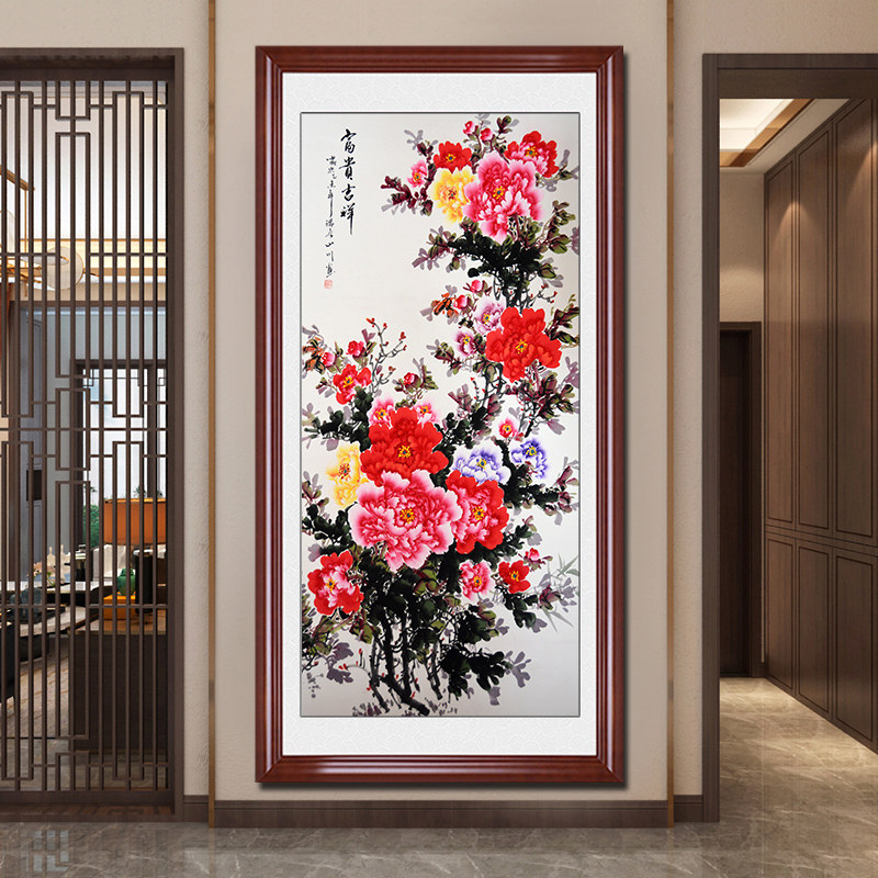 版牡丹挂画玄关装饰画新中式花鸟图画走廊通道壁画入户花开富贵—国画