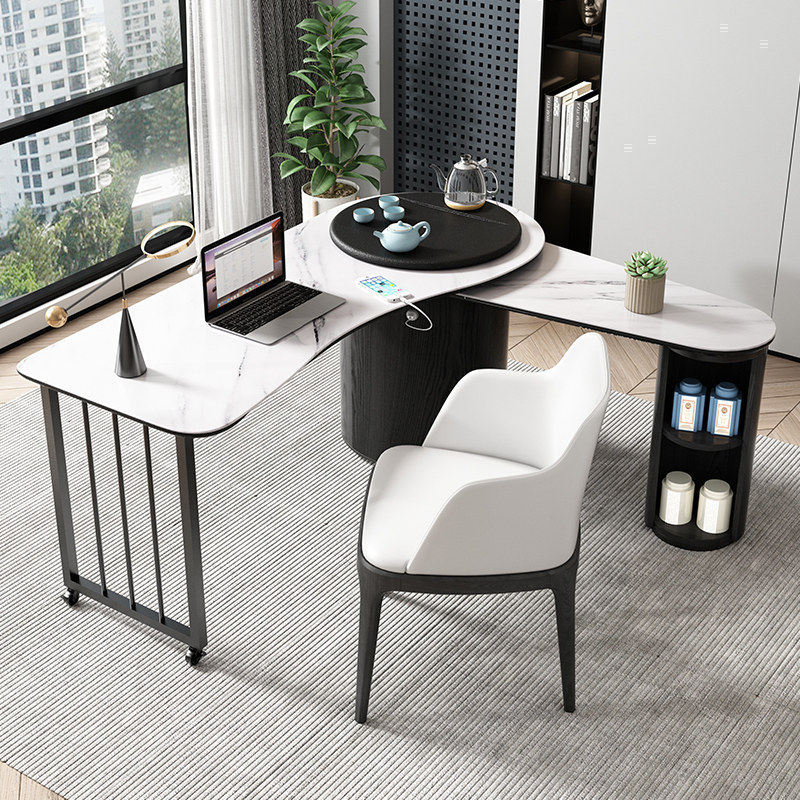 轻奢岩板茶桌椅组合现代简约大班桌办公室茶台两用书桌一体泡茶桌