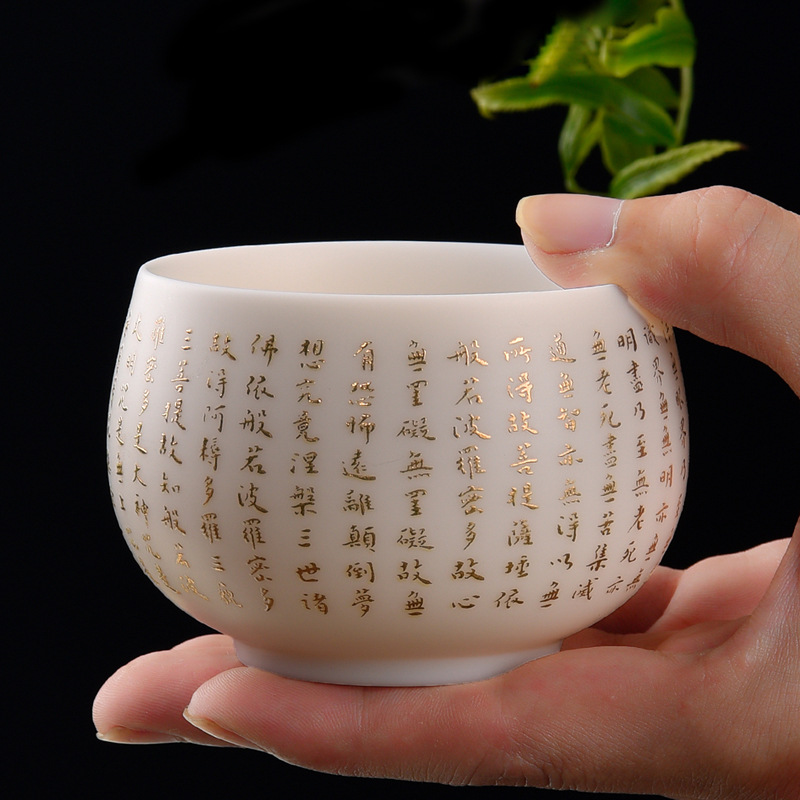 徐建勇大师羊脂玉佛教心经杯主人杯茶杯盏德化白瓷描金品茗杯单杯