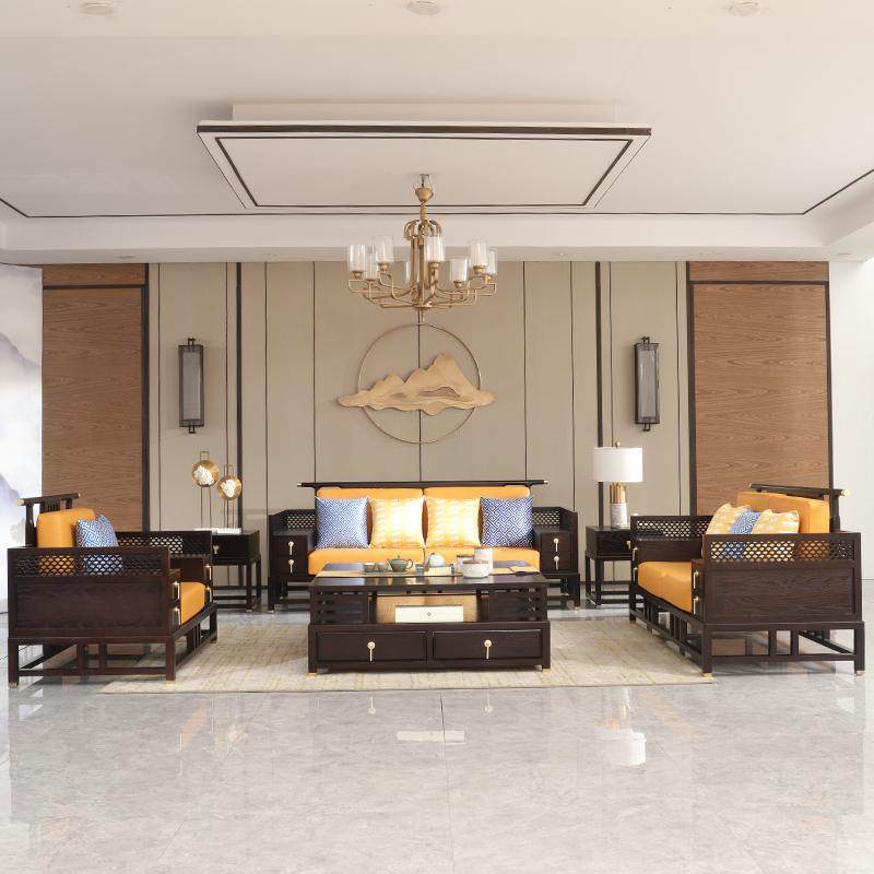 新中式实木沙发现代禅意客厅别墅沙发组合轻奢样板房酒店家具现货