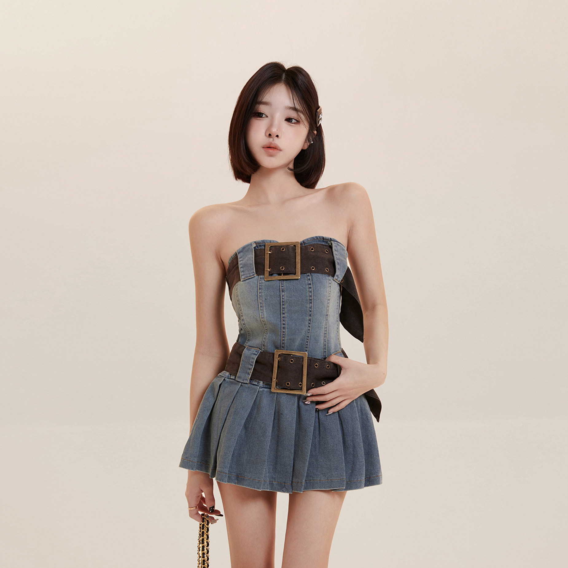 sweet221 牛仔抹胸连衣裙女 复古辣妹百褶裙收腰显瘦短款裙子春夏