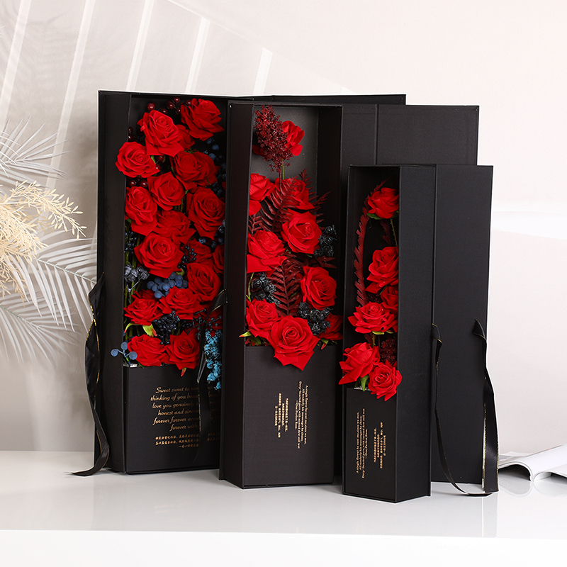 绸缎绅士枪炮盒黑色长方形情人节礼盒鲜花包装盒玫瑰花插花盒粉色