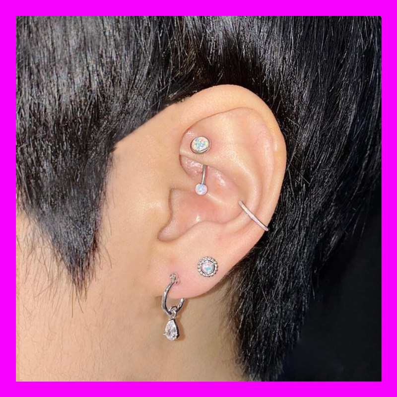 韩国进口欧珀彩石白色澳宝rook耳骨钉钛钢彩球拧球粗杠可拆卸耳钉