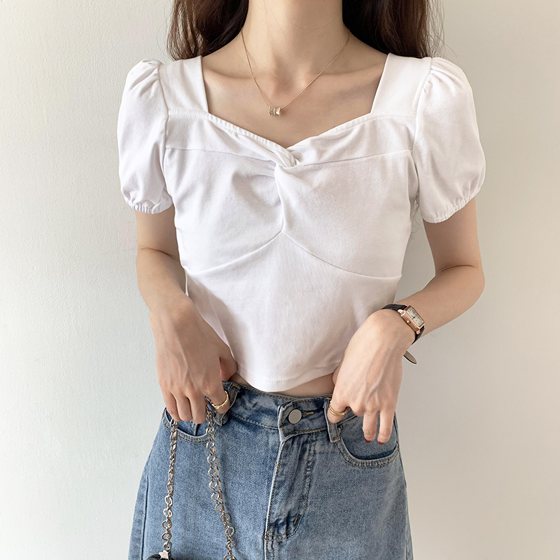 实拍设计感小众V领白色t恤女短袖2021新款法式方领短款别致女上衣