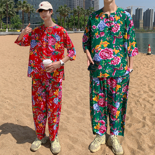中国风男装东北大花布亚麻套装男短袖唐装夏季棉麻印花t恤两件套