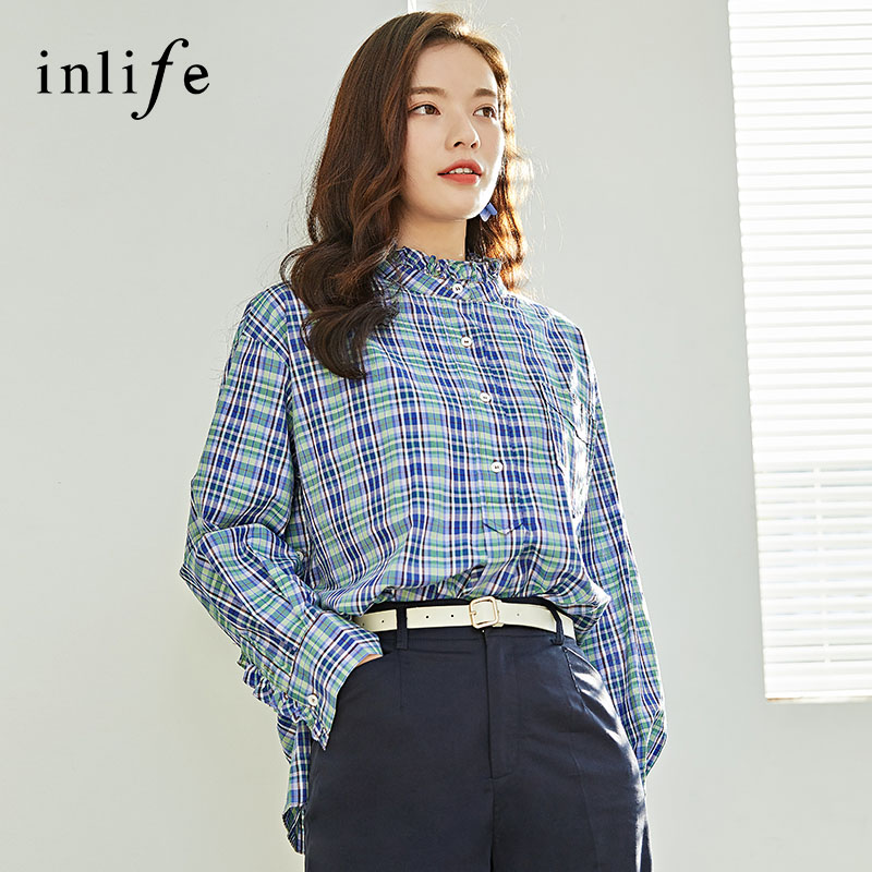伊纳芙格子衬衫2021年春装新款韩版小众设计感别致小上衣女